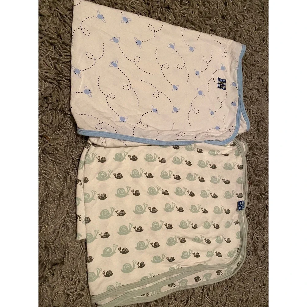 Kickee Pants Lot of 2 Swaddle Blankets Bamboo Viscose Snail Insect Blue Green